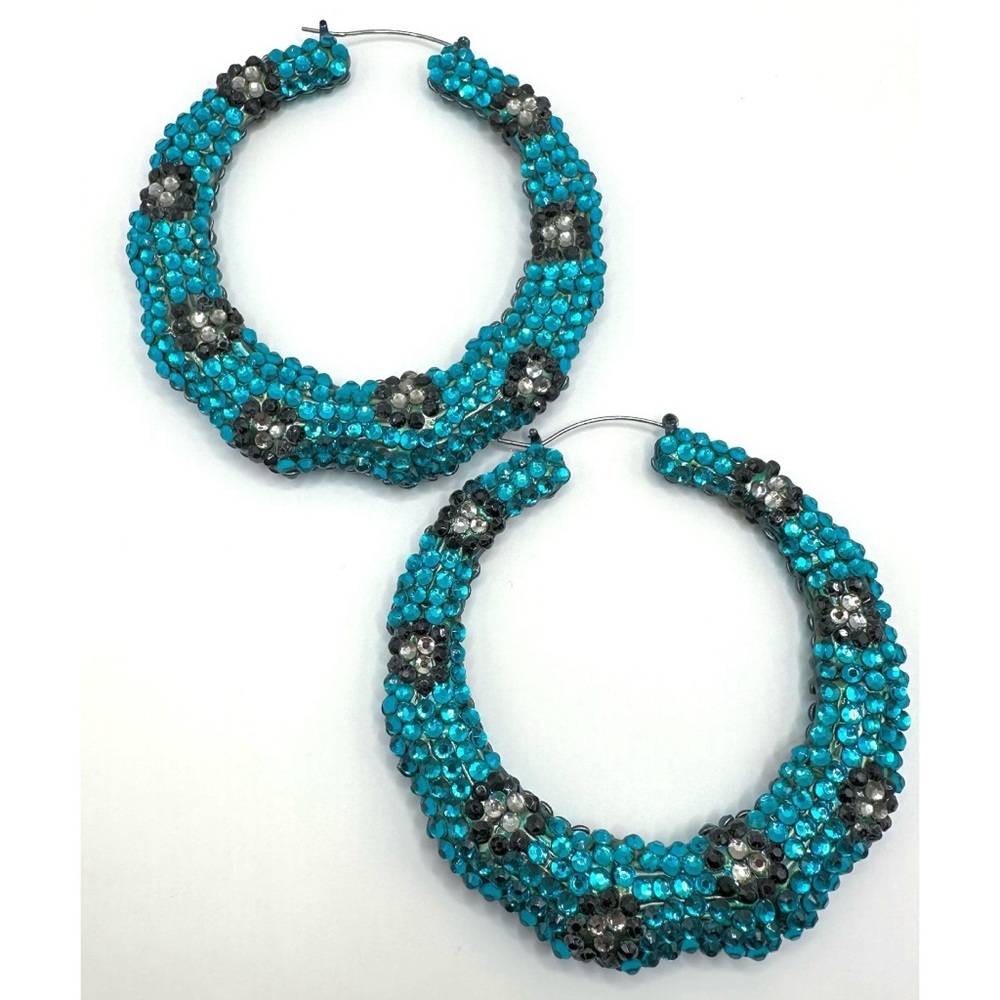 Large rhinestone hoop earrings in Aqua blue and Black Leopard Print